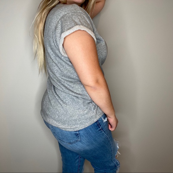 Womens gray french terry lace up short sleeve top - Picture 4 of 8